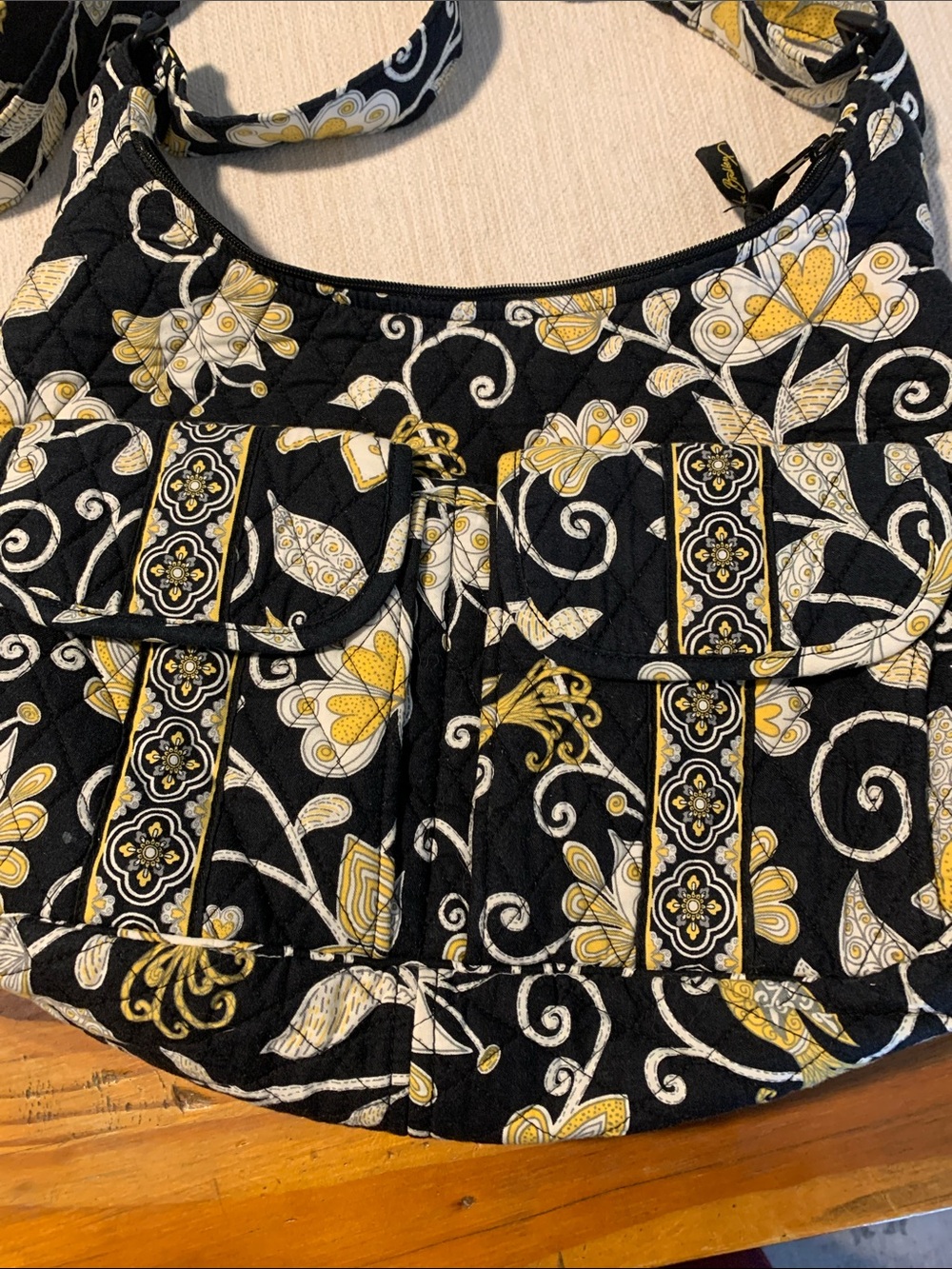 Quilted Floral Crossbody Shoulder Bag - Black & Yellow - Picture 4 of 12